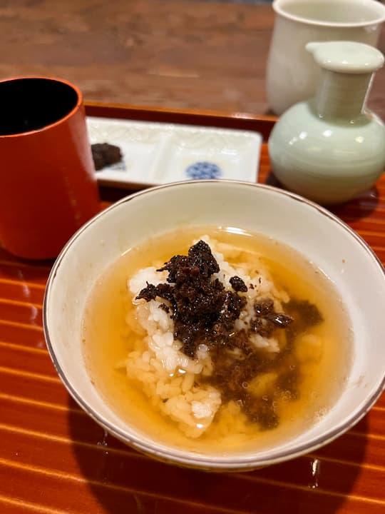 Ochazuke (Green Tea Over Rice) served as part of the 3-way unagi meal at Okuniya Mambei, a famous unagi restaurant in Kyoto